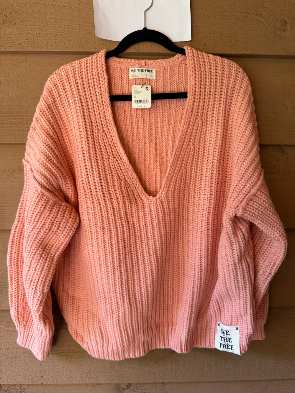 NWT Free People Heirloom V-Neck Sweater M Coral Pink Chunky Shaker Rib Knit